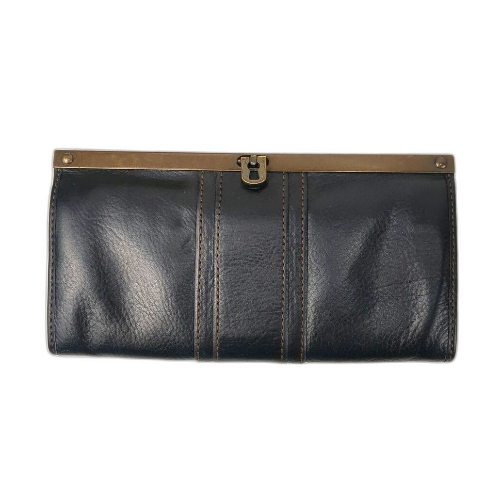 Vintage Fossil Clutch Wallet Kayla Black Pebbled Leather Brass Frame